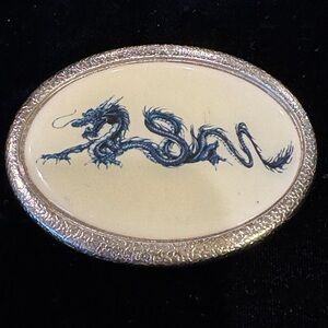 Vintage Silver-Tone and Cream-Colored Belt Buckle with Underglaze Blue Dragon